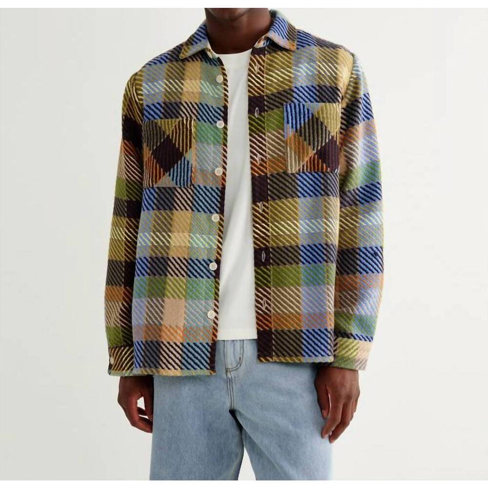 NEW WAX LONDON men's whiting overshirt in khaki and multi color pike check